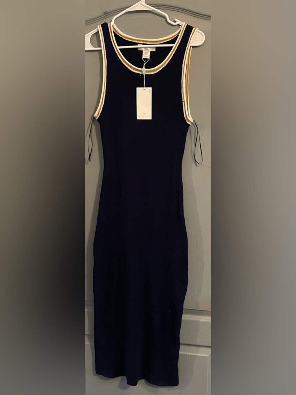 Caroline Constas Navy Dress with Cream and Gold Trim